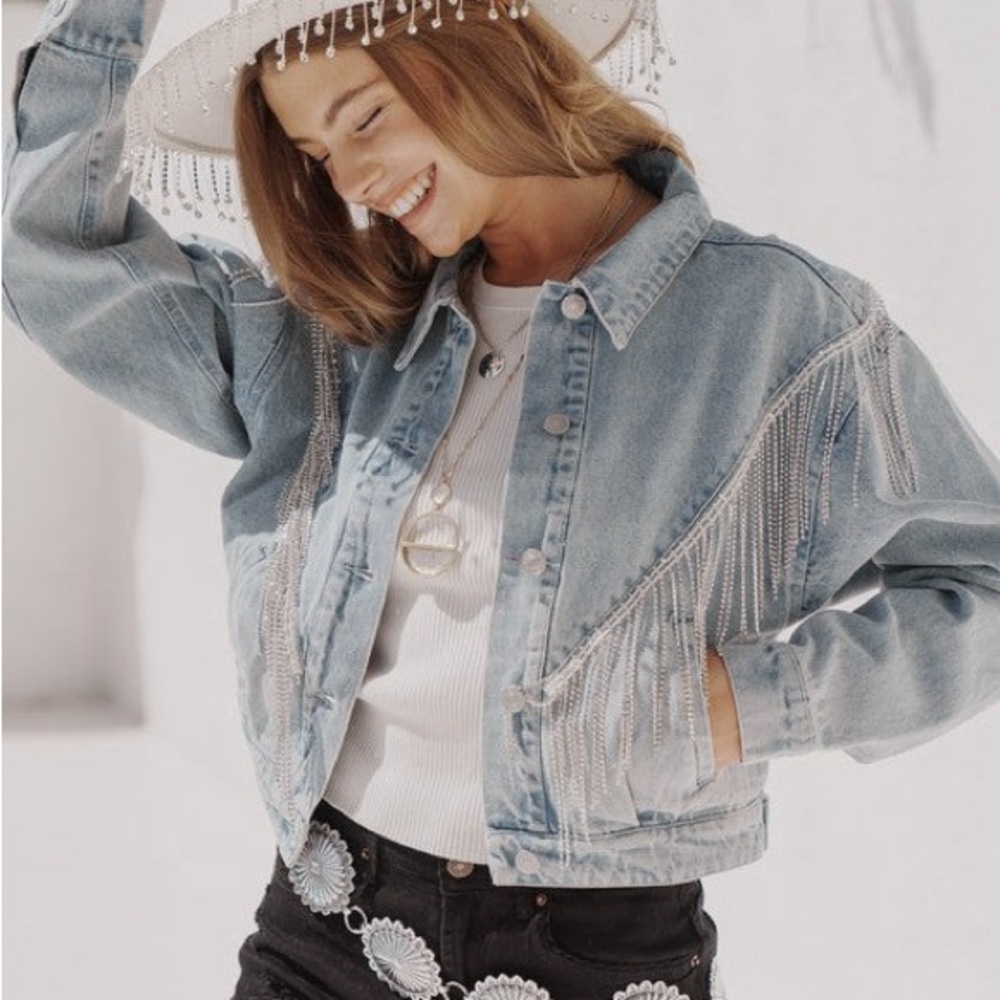 Plus Size 2X- Rhinestone fringe denim Jacket